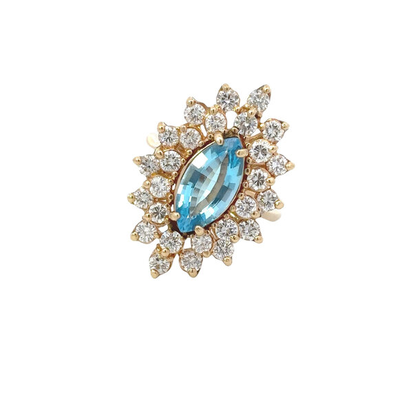 14K Yellow Gold 1970's 2.10ct Blue Topaz & 1.50ct Diamond Ring Size 5.25