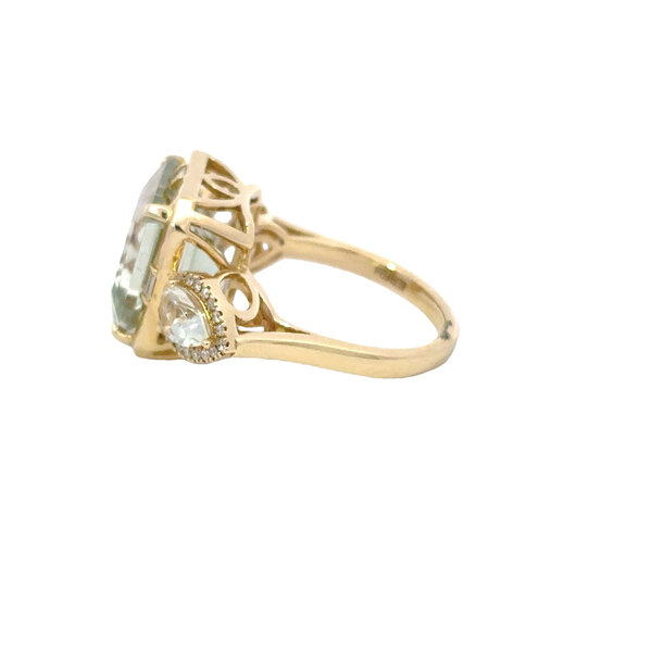 14K Yellow Gold 8.16ct Square/Pear Prasiolite & .19ct Diamond Ring Size 7