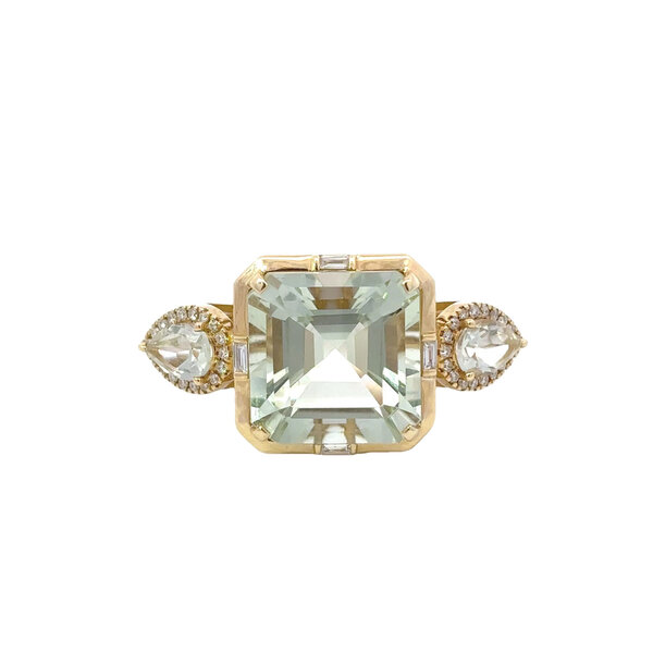 14K Yellow Gold 8.16ct Square/Pear Prasiolite & .19ct Diamond Ring Size 7