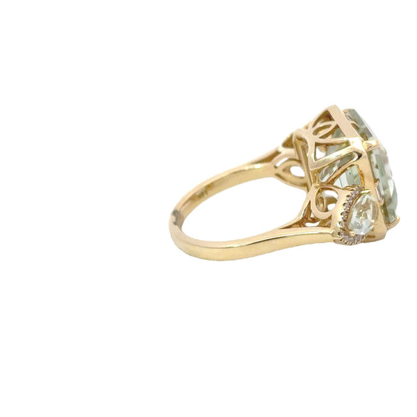 14K Yellow Gold 8.16ct Square/Pear Prasiolite & .19ct Diamond Ring Size 7