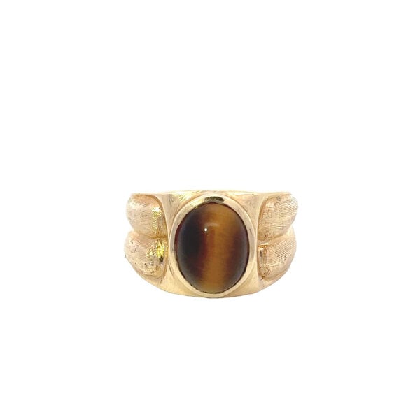 14K Yellow Gold 1950's 4ct Synthetic Cats Eye Textured Ring Size 6.25