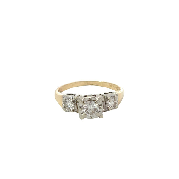 14K Yellow and White Gold 1950's .95ct Diamond 3 Stone Ring Size 6.75