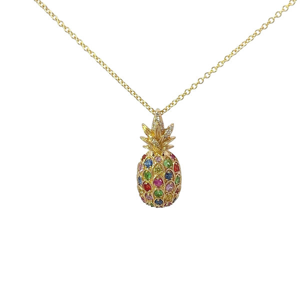 14K Yellow Gold .62ct Multi Sapphire & .04ct Diamond Pineapple Necklace 16"-18"