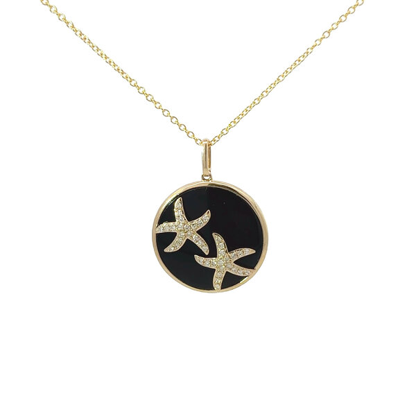 14K Yellow Gold 5ct Black Onyx .17ct Diamond Starfish Disc Necklace 16"-17"-18"