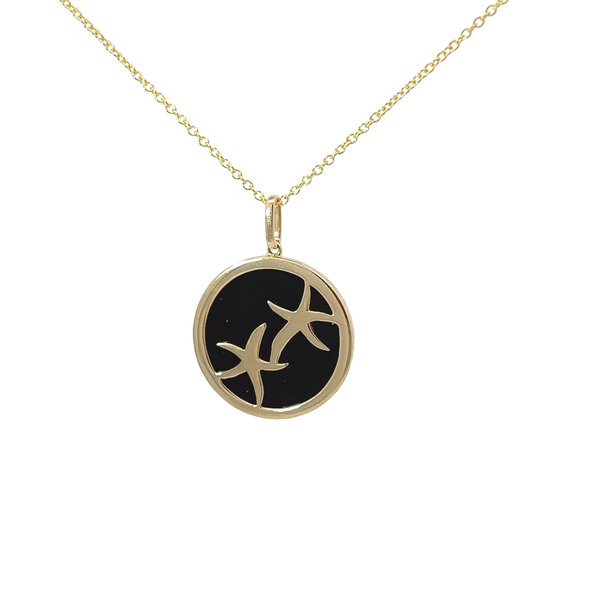 14K Yellow Gold 5ct Black Onyx .17ct Diamond Starfish Disc Necklace 16"-17"-18"