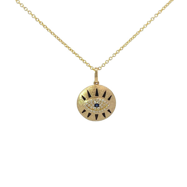 14K Yellow Gold .01ct Sapphire .11ct Diamond Brushed Evil Eye Necklace 16"-18"
