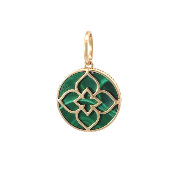 14K Yellow Gold .27ct Diamond Malachite Clover Disc Pendant 32x21mm