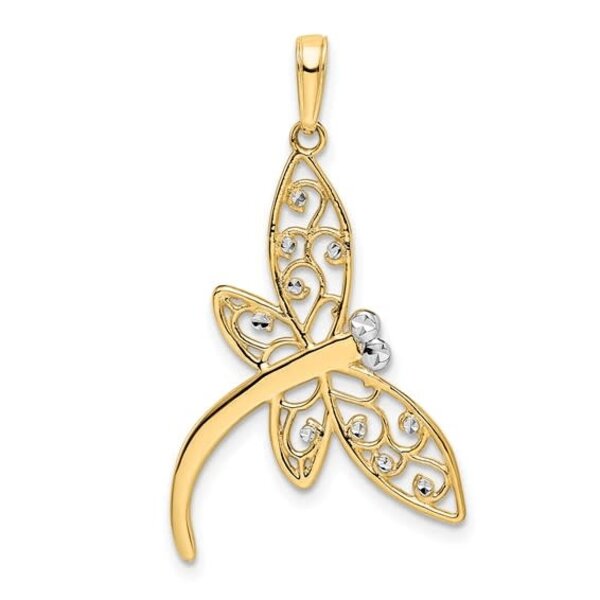 14K Yellow And White Diamond Cut Filigree Dragonfly Pendant 19x34mm