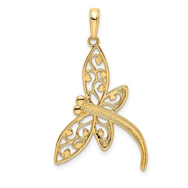 14K Yellow And White Diamond Cut Filigree Dragonfly Pendant 19x34mm