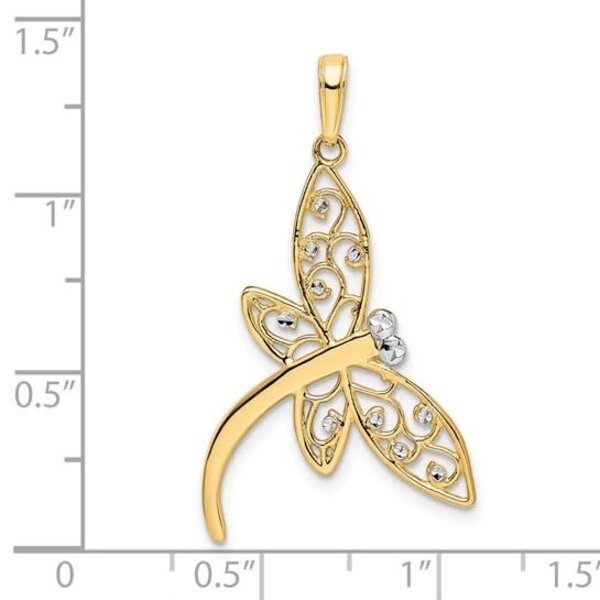 14K Yellow And White Diamond Cut Filigree Dragonfly Pendant 19x34mm