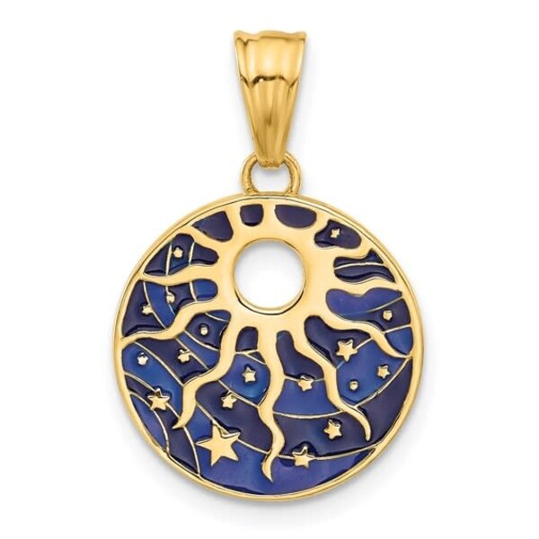 14K Yellow Gold 24x16mm Blue Enamel Sun & Stars Disc