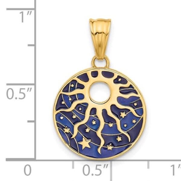 14K Yellow Gold 24x16mm Blue Enamel Sun & Stars Disc