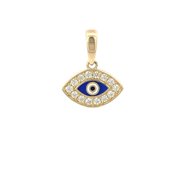 14K Yellow Gold and Cubic Zirconia & Blue Enamel Evil Eye Pendant
