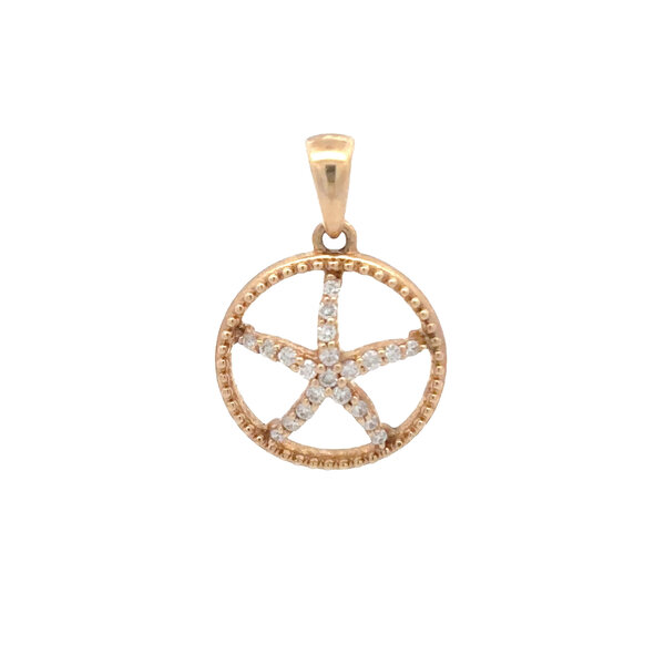 14K Yellow Gold .15ct Diamonds Circle Starfish Pendant