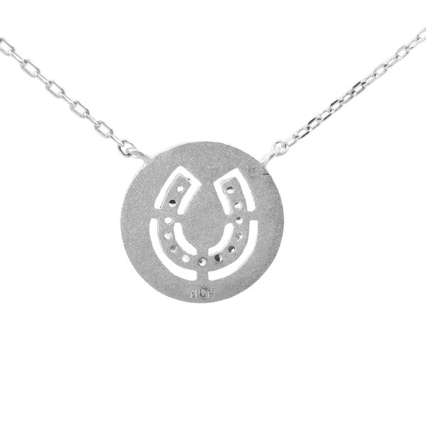 Sterling Silver Cubic Zirconia Brushed Horse Shoe Disc Split Chain Necklace 16"-18"Adjustable