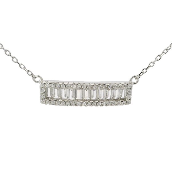 Sterling Silver Curved Cubic Zirconia Baguette Bar Necklace 16"-18" Adjustable