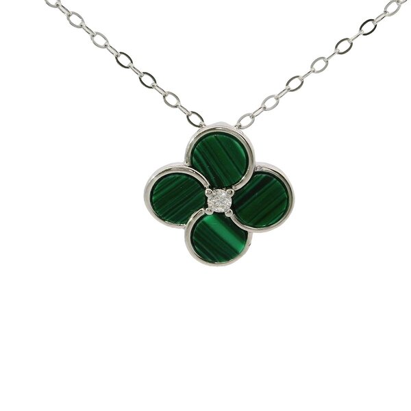 Sterling Silver Green Enamel Cubic Zirconia Flower Necklace 16"-18" Adjustable