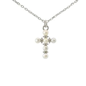 SS Seed Pearl CZ Cross Necklace 16"-18" ADJ