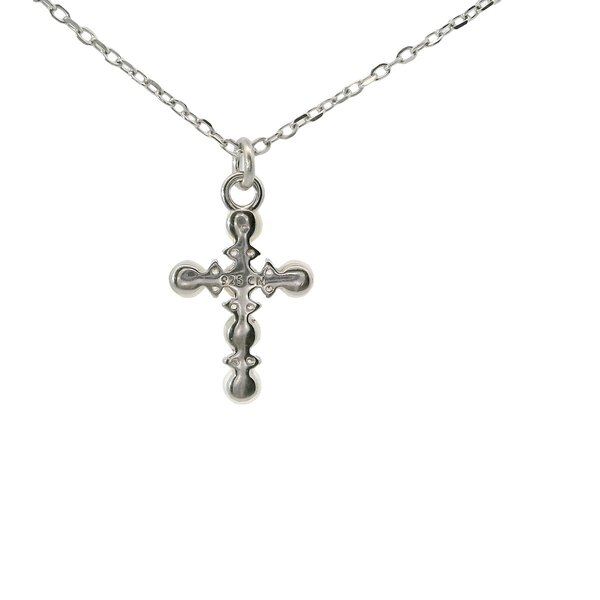 Sterling Silver Seed Pearl Cubic Zirconia Cross Necklace 16"-18" Adjustable