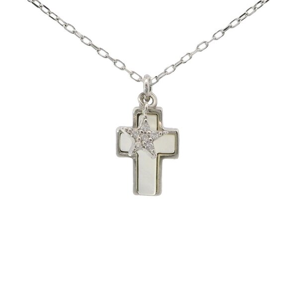 Sterling Silver Mother Of Pearl Cross Cubic Zirconia Star Necklace16"-18" Adjustable