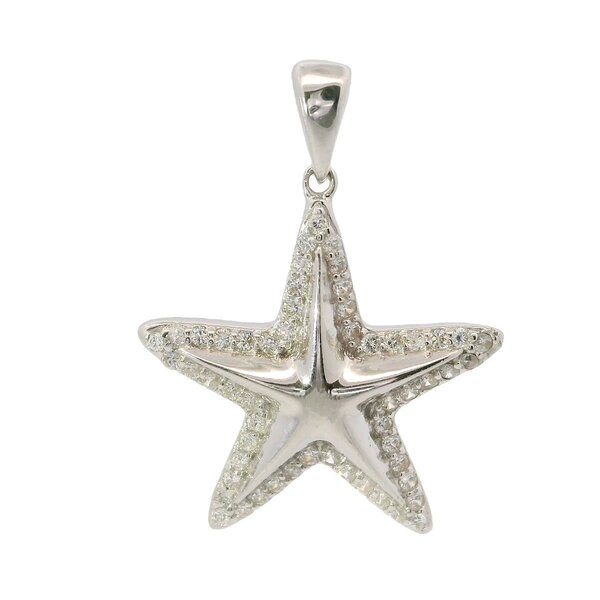 Sterling Silver Polished Cubic Zirconia Edge Starfish Pendant 26x19mm