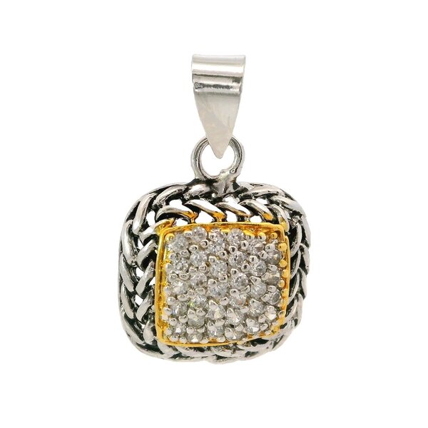 Sterling Silver/Gold Plate Pave Cubic Zirconia Rope Edge Pendant 24x15mm