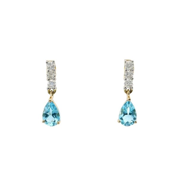 14K Yellow Gold .85ct Swiss Blue Topaz .22ct Diamond Bar Post Dangle Earrings