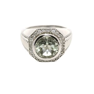 SS 2.84ct Rd Prasiolite Bezel .40ct White Zircon Ring Sz 10.25
