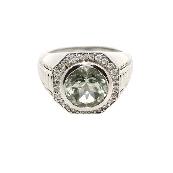 Sterling Silver 2.84ct Round Prasiolite Bezel .40ct White Zircon Ring Size 10.25
