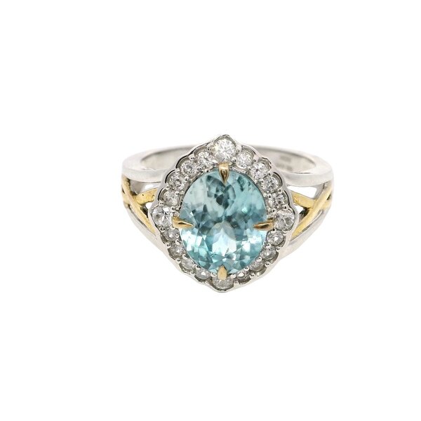 Sterling Silver/Gold Plate 2.91ct Oval Blue Zircon .43ct White Zircon Ring Size 7.75