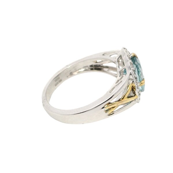 Sterling Silver/Gold Plate 2.91ct Oval Blue Zircon .43ct White Zircon Ring Size 7.75