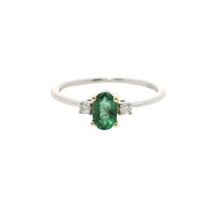 14KW .42ct Oval Emerald .05ct Dia Ring Sz 7