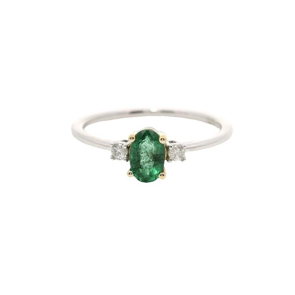 14K White Gold .42ct Oval Emerald .05ct Diamond Ring Size 7