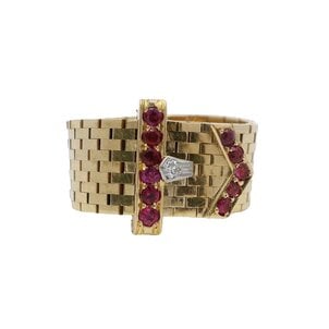 14KY 1940's .02ct Dia & .25ct Ruby Buckle Ring Sz 7.5