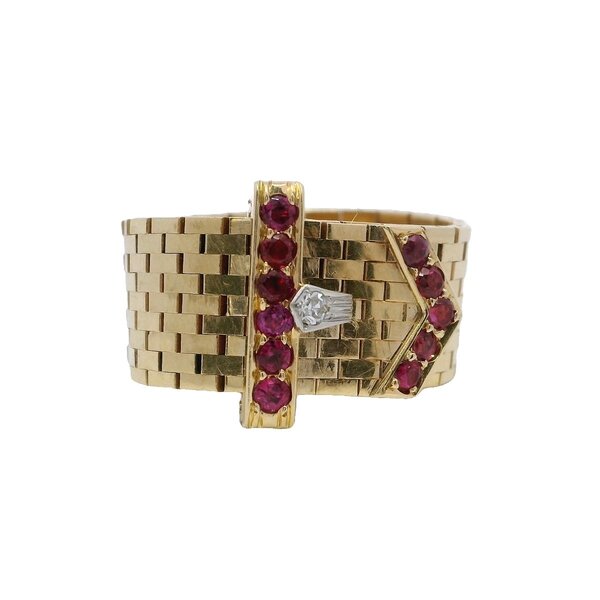 14K Yellow Gold 1940's .02ct Diamond & .25ct Ruby Buckle Ring Size 7.5