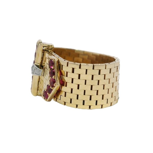 14K Yellow Gold 1940's .02ct Diamond & .25ct Ruby Buckle Ring Size 7.5
