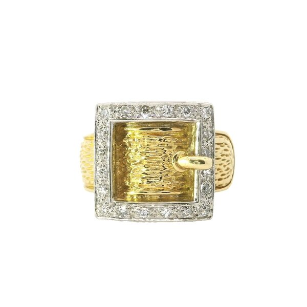 18K Yellow and White Gold 1970's .20ct Diamond 14mm Textured Buckle Ring Size 6.5