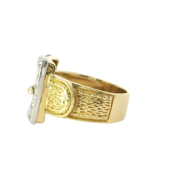 18K Yellow and White Gold 1970's .20ct Diamond 14mm Textured Buckle Ring Size 6.5