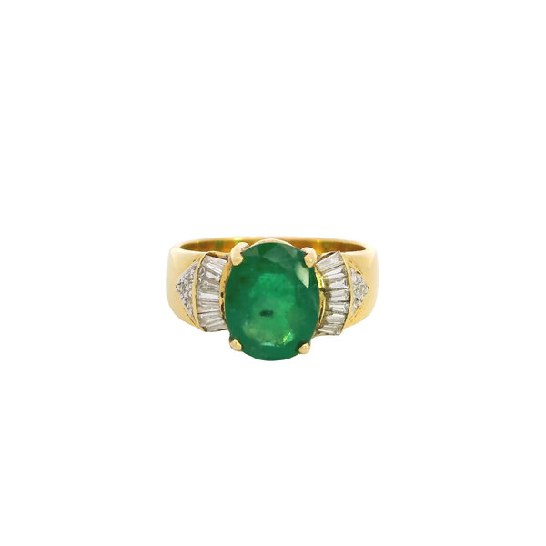 18K Yellow Gold 1970's 2.20ct Oval Emerald .50ct Diamond Ring Size 7