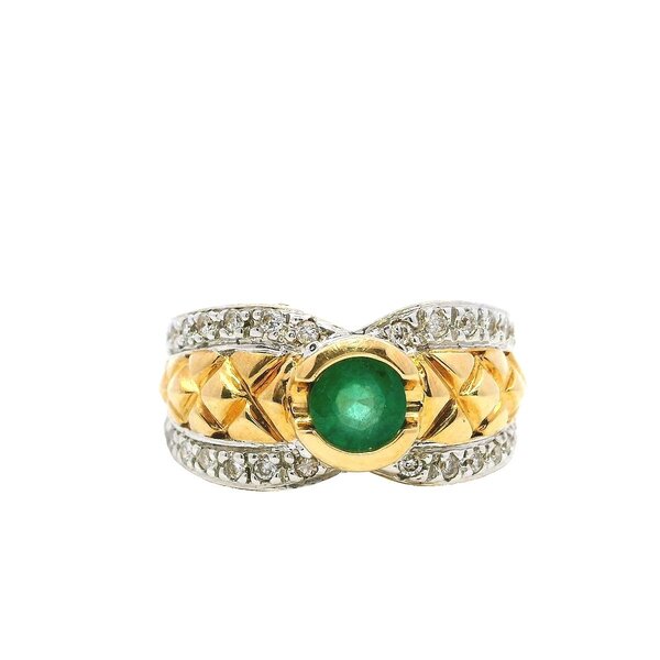 14K Yellow and White 1980's .45ct Emerald .25ct Diamond Textured Band Size 6.5