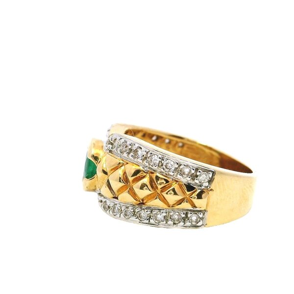 14K Yellow and White 1980's .45ct Emerald .25ct Diamond Textured Band Size 6.5