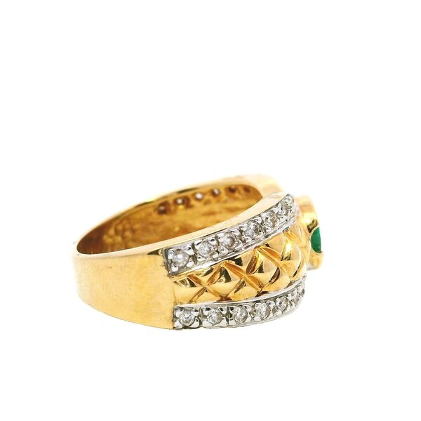 14K Yellow and White 1980's .45ct Emerald .25ct Diamond Textured Band Size 6.5