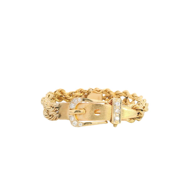 14K Yellow Gold 1970's Double Rope .45ct Diamond Buckle Bracelet 6.75"