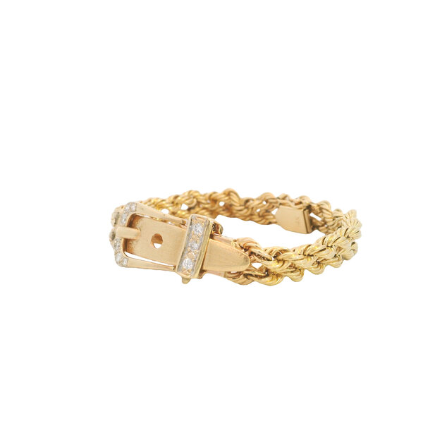 14K Yellow Gold 1970's Double Rope .45ct Diamond Buckle Bracelet 6.75"
