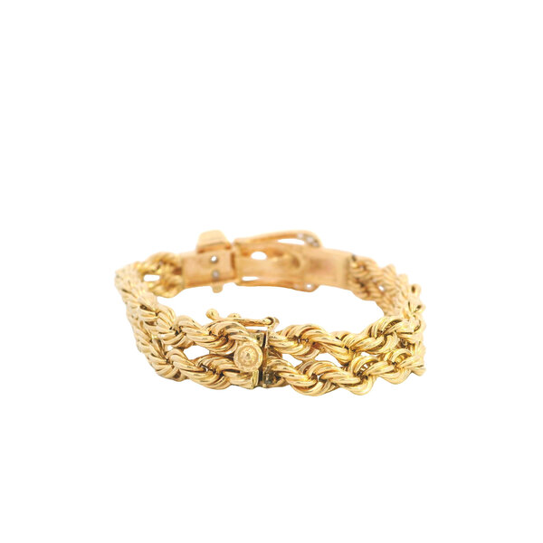 14K Yellow Gold 1970's Double Rope .45ct Diamond Buckle Bracelet 6.75"