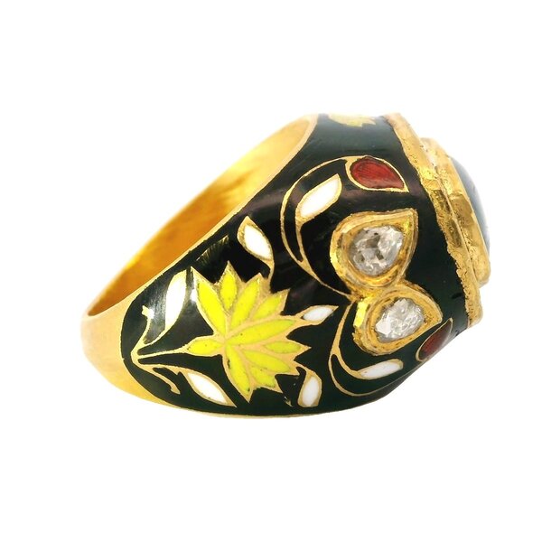 18KY Edwardian 3.20ct Cab Sapphire .35ct Diamond Enamel Ring Size 7.5