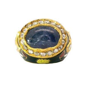 18KY Edwardian 3.20ct Cab Sapp .35ct Dia Enamel Ring Sz 7.5