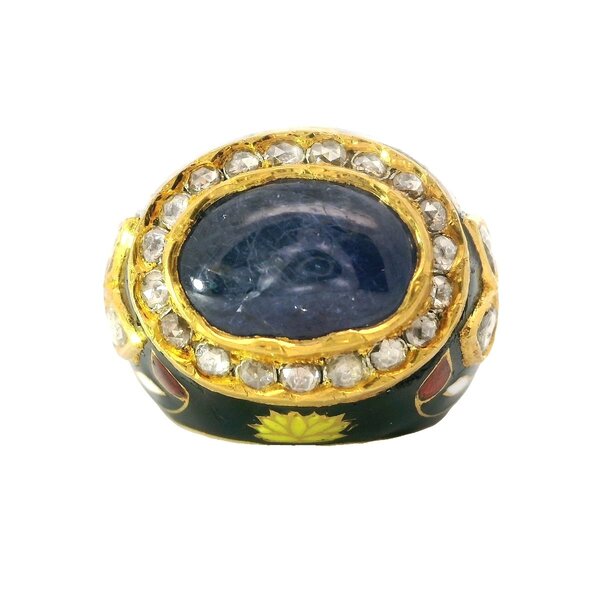 18KY Edwardian 3.20ct Cab Sapphire .35ct Diamond Enamel Ring Size 7.5
