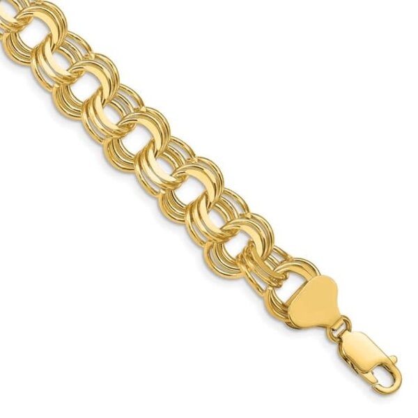 14K Yellow Gold 8MM Triple Link Charm Bracelet 7"