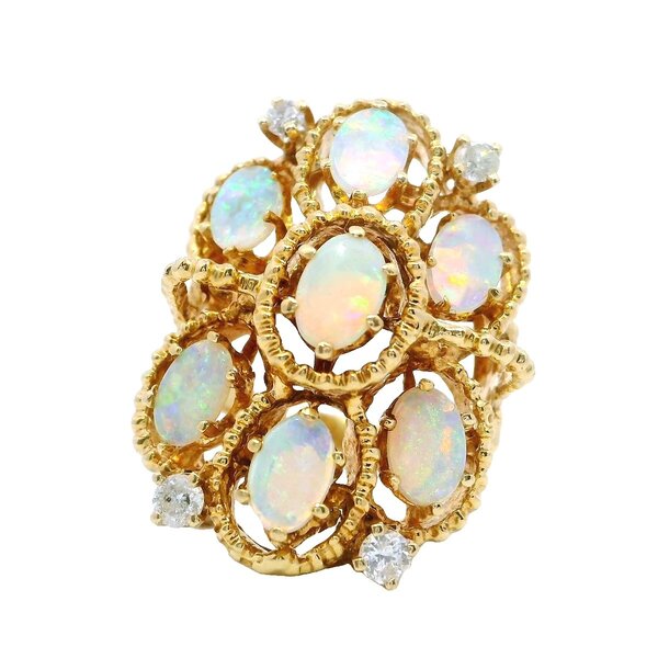 14K Yellow Gold 1970's 1.40ct Ethiopian Opal .20ct Diamond Milgrain Cluster Ring Size 8